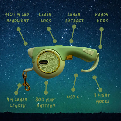Nightwalker LED Retractable Dog Lead — Rechargeable Night Safety Leash (4 m, Sage Green)